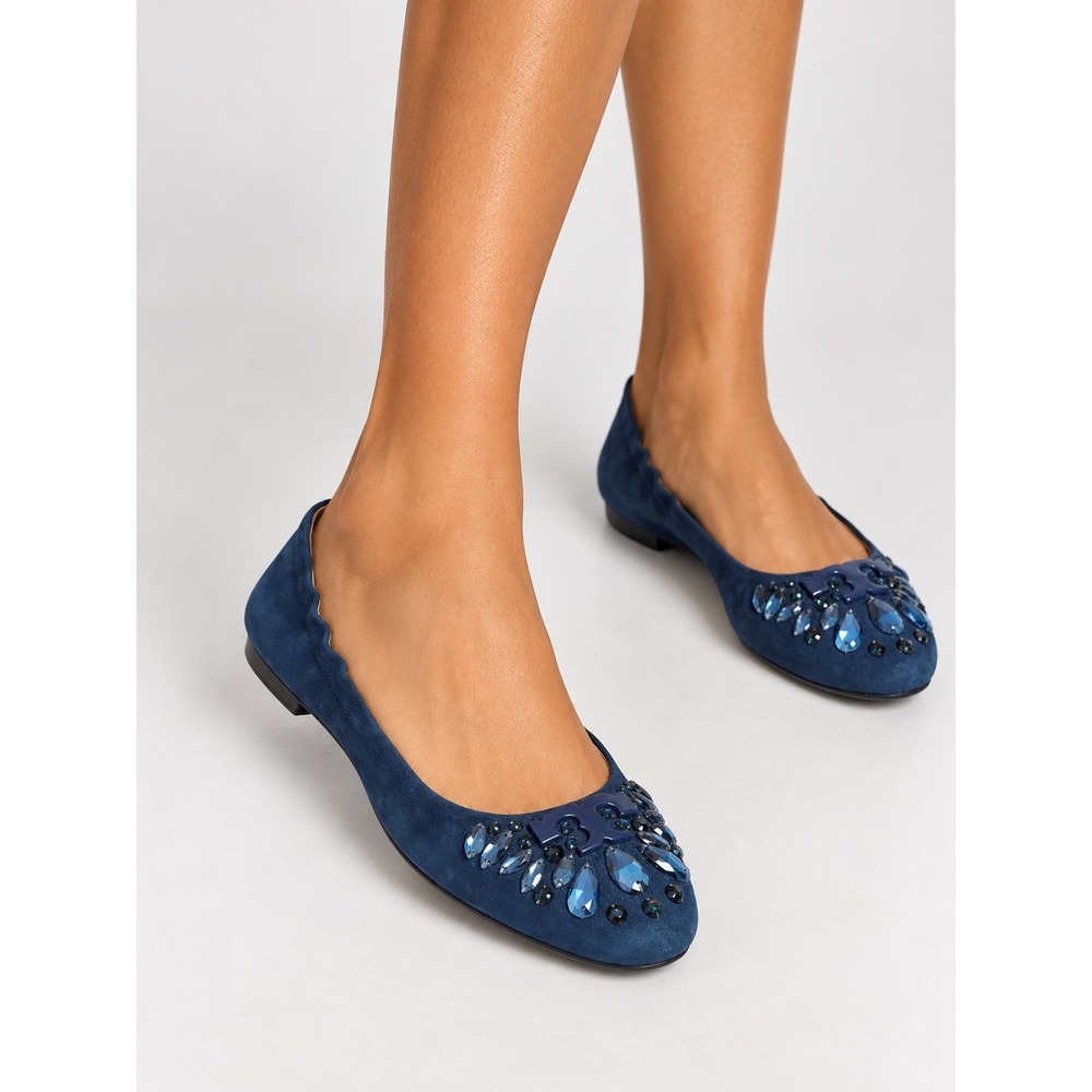 Tory Burch Navy Blue Suede Crystal Embellished Reva Ballet Flats 6.5